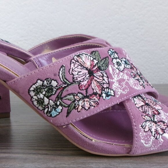 WHBM ZURI Suede Embroidered Chunky Heel Mules Sandals Warm Violet Floral 7.5 - Picture 8 of 14
